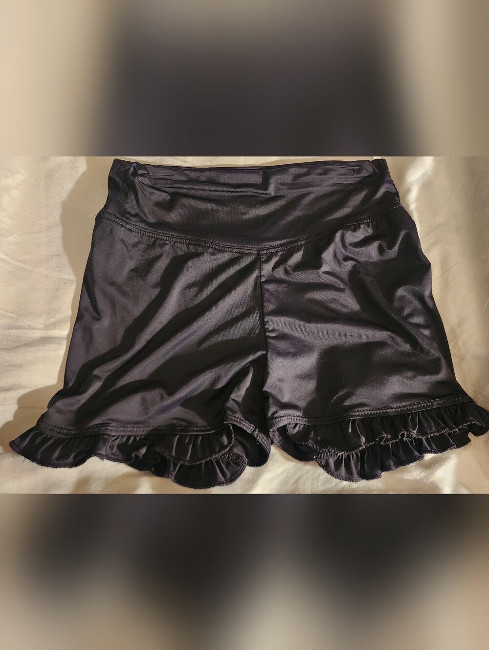 Girls Black High-Waisted Ruffle Hem Compression Dance Gymnastics Shorts